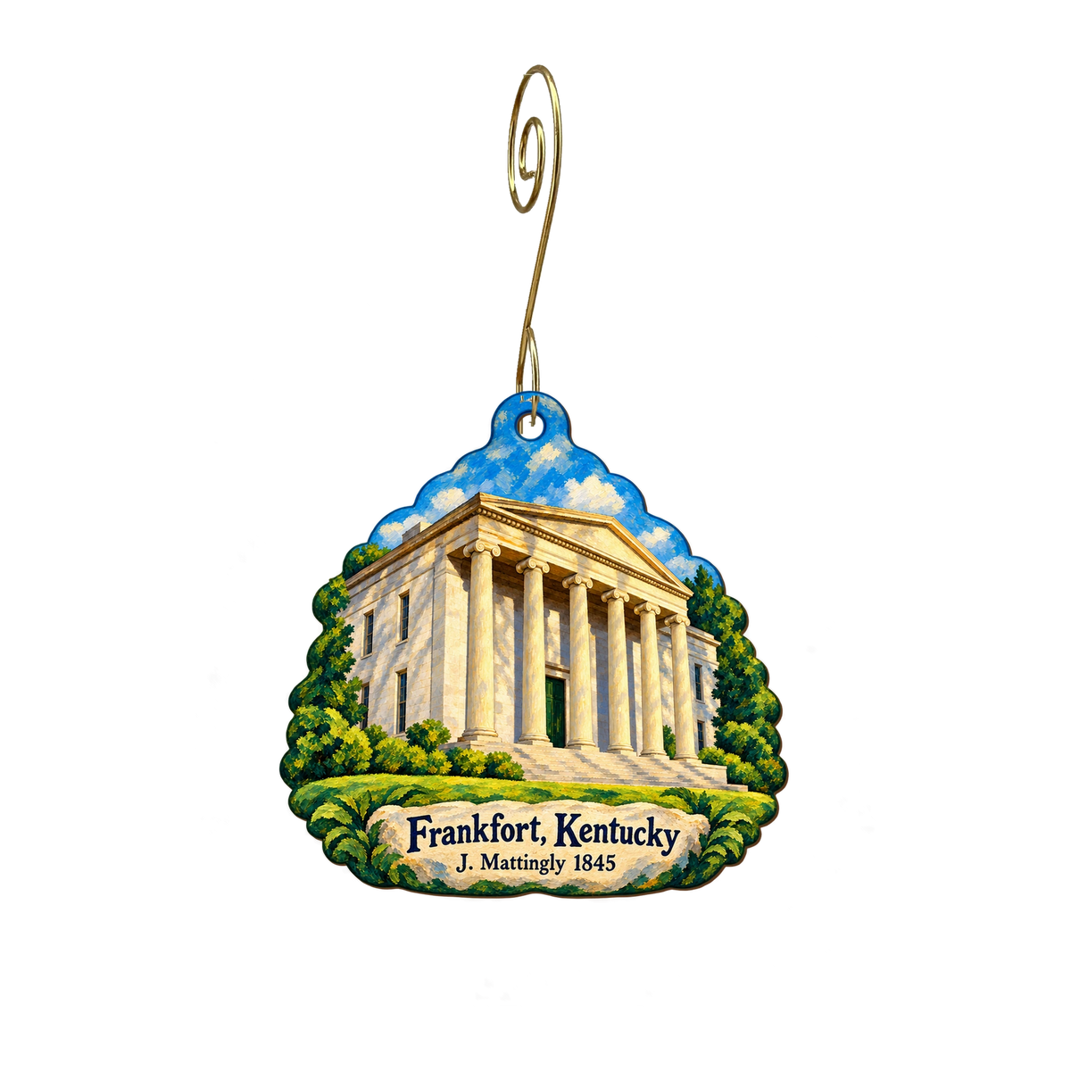 J. Mattingly 1845 Distillery — Local inspiration custom wood ornament OC2101, photographic gold spiral hook
