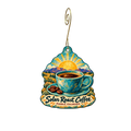 Solar Roast Coffee — Store identity custom wood ornament OC2102, photographic gold spiral hook