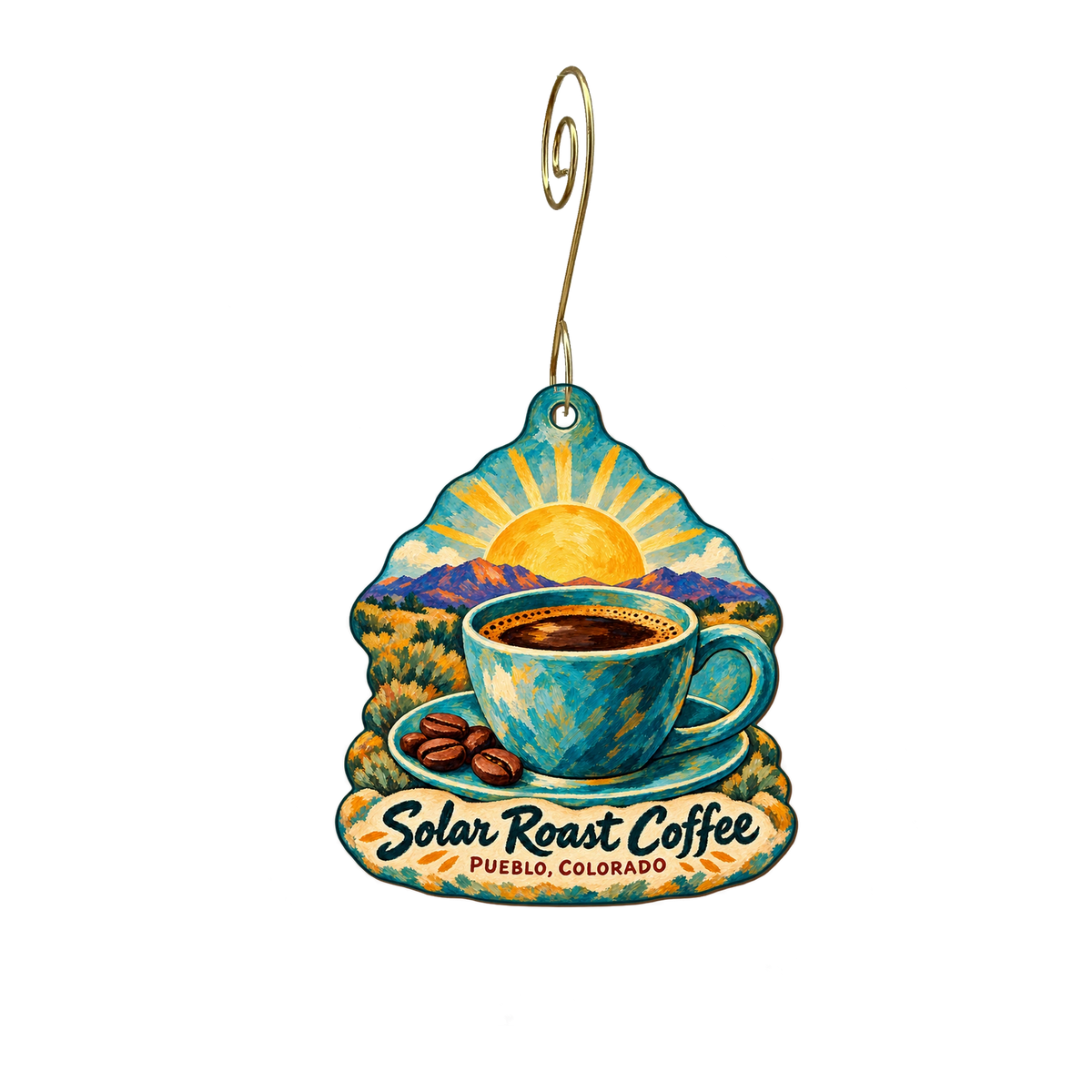 Solar Roast Coffee — Store identity custom wood ornament OC2102, photographic gold spiral hook