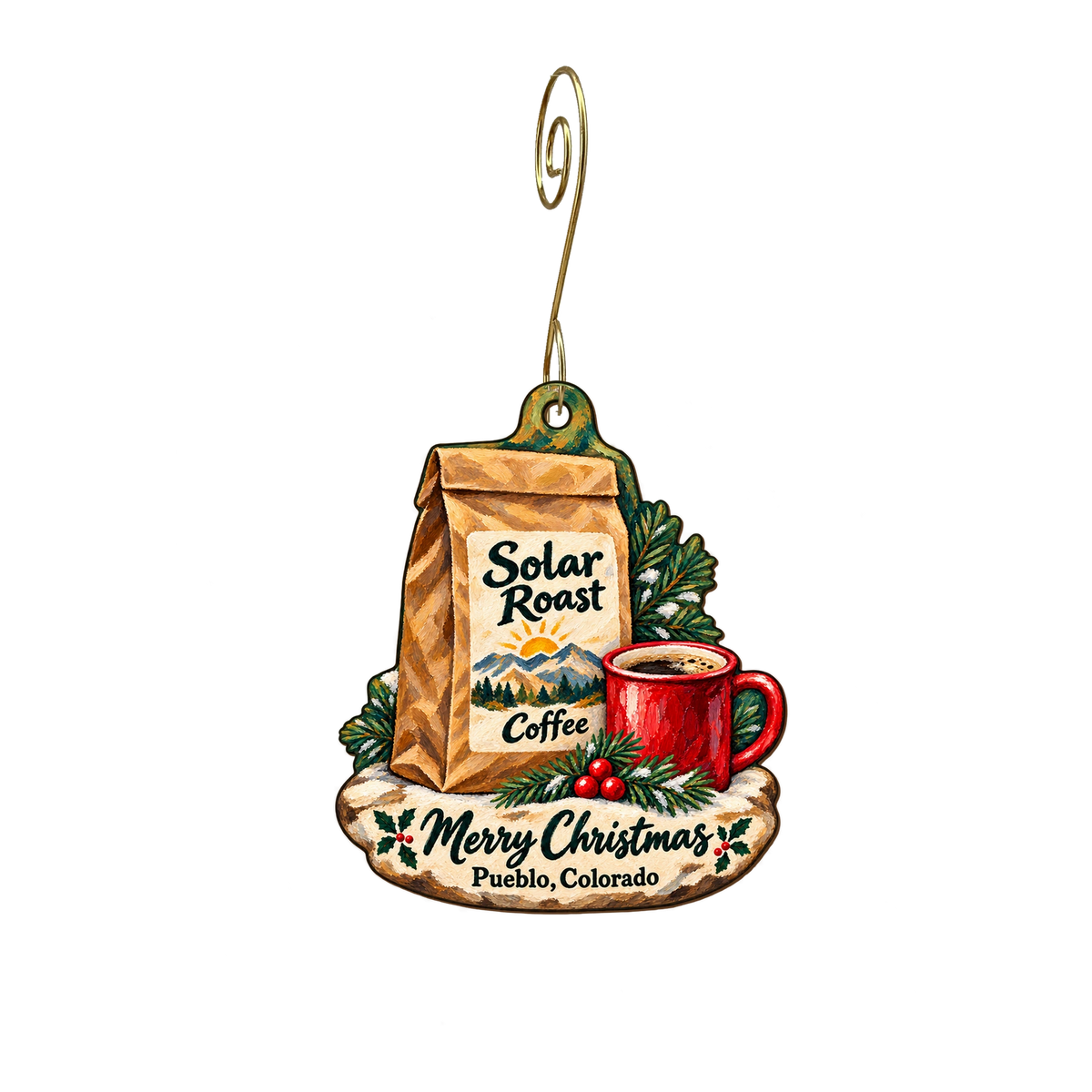 Solar Roast Coffee — Christmas custom wood ornament OC2103, photographic gold spiral hook