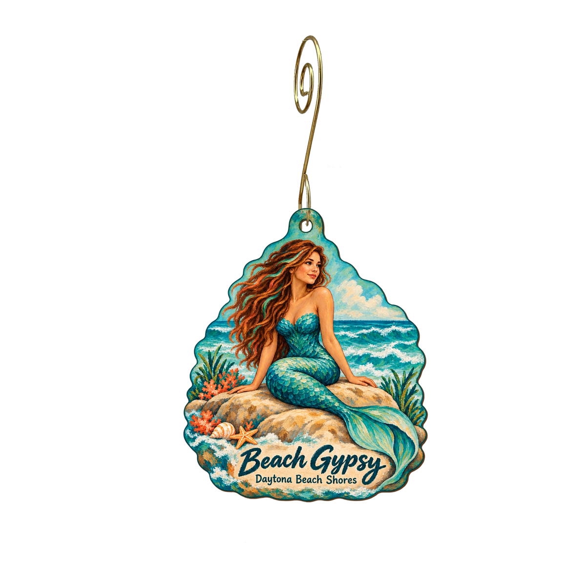 Beach Gypsy — Store identity custom wood ornament OC2105, photographic gold spiral hook