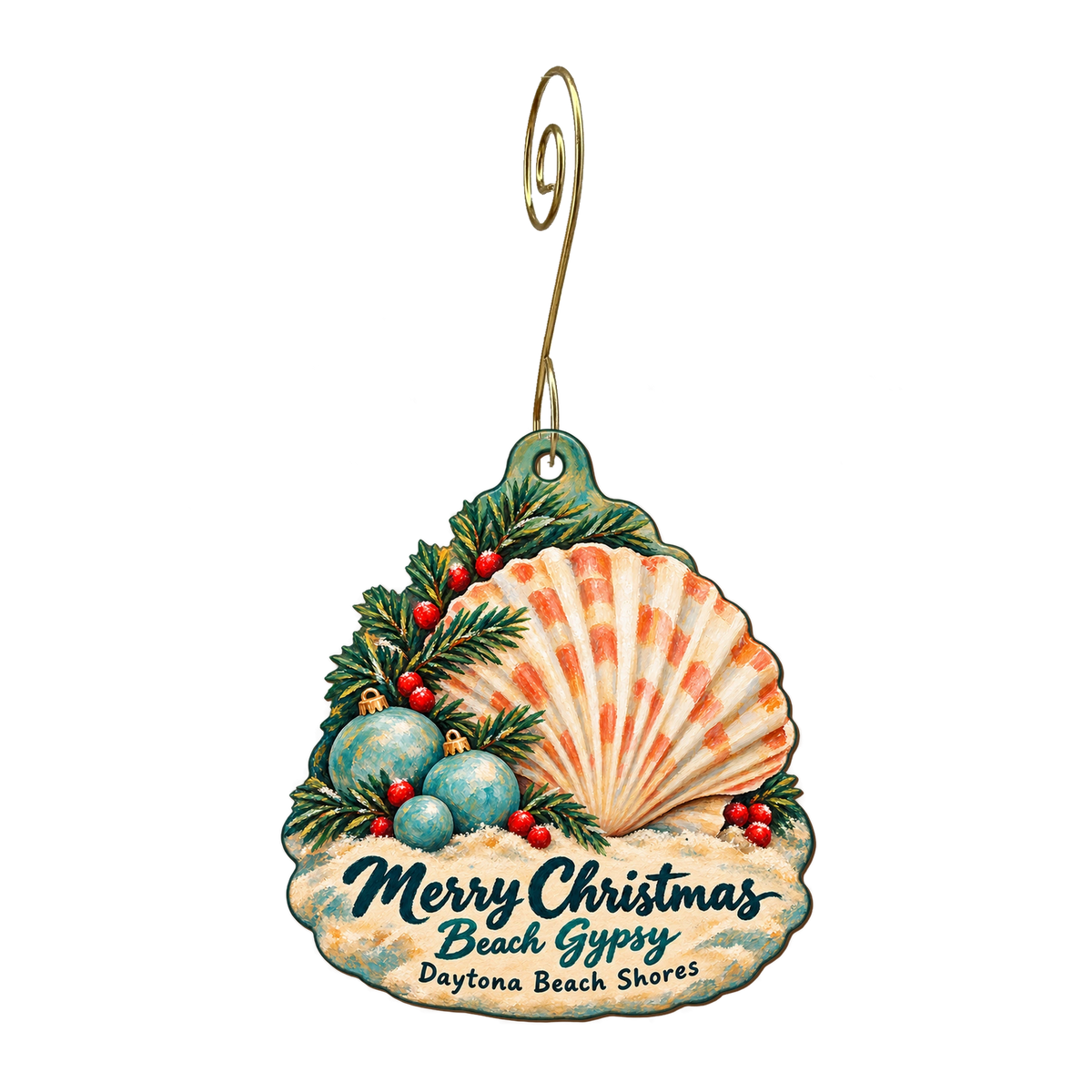 Beach Gypsy — Christmas custom wood ornament OC2106, photographic gold spiral hook