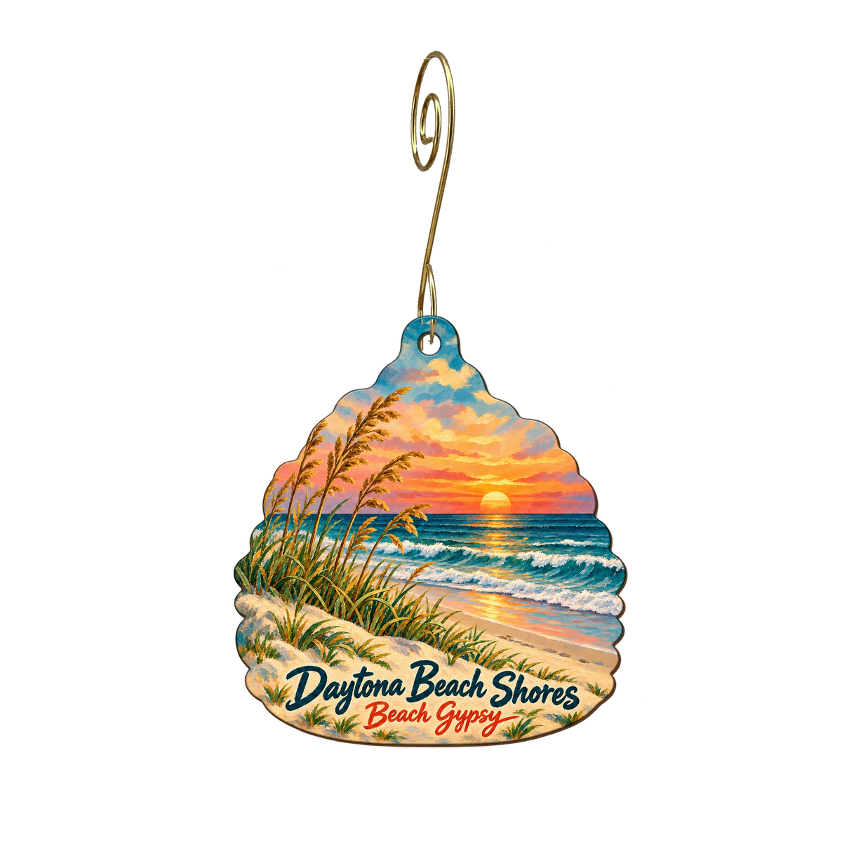 Beach Gypsy — Local inspiration custom wood ornament OC2107, photographic gold spiral hook