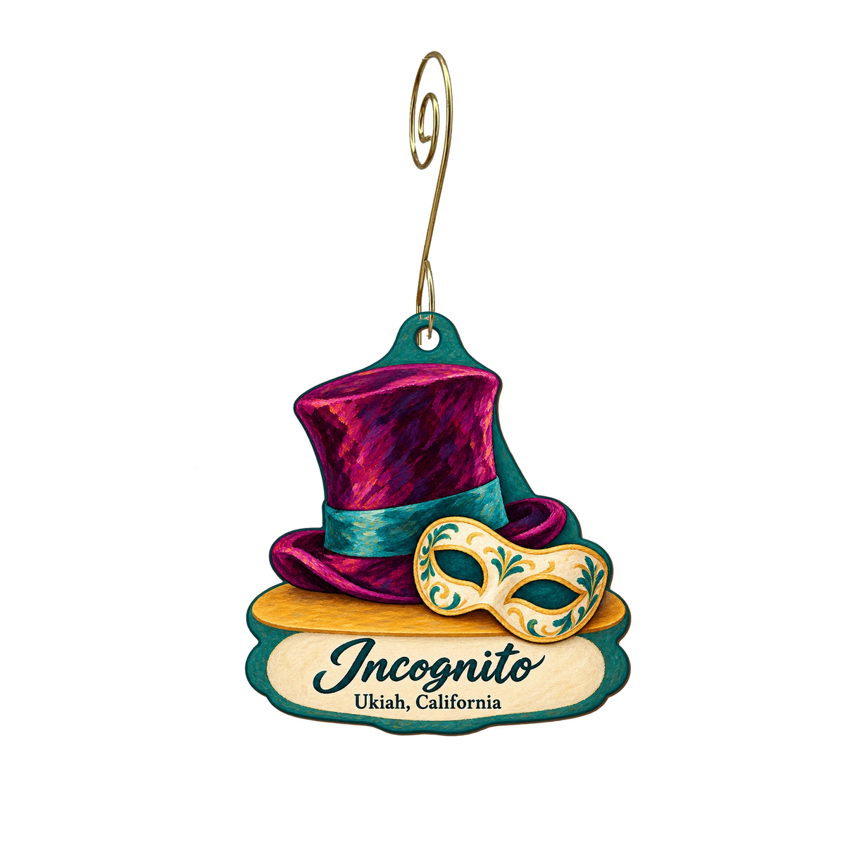 Incognito — Store identity custom wood ornament OC2108, photographic gold spiral hook