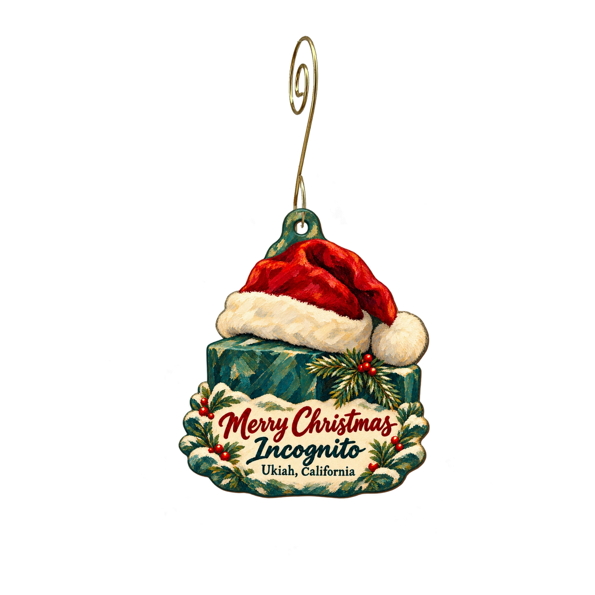 Incognito — Christmas custom wood ornament OC2109, photographic gold spiral hook