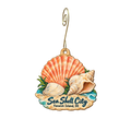Sea Shell City — Store identity custom wood ornament OC2111, photographic gold spiral hook
