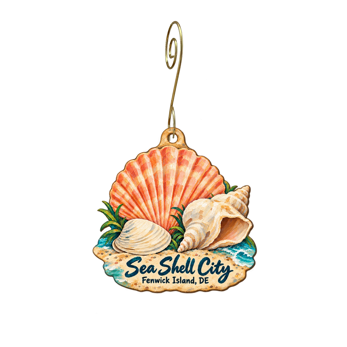 Sea Shell City — Store identity custom wood ornament OC2111, photographic gold spiral hook