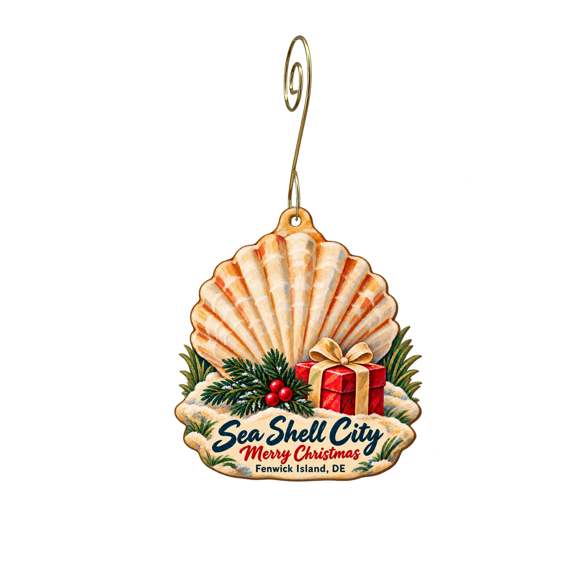 Sea Shell City — Christmas custom wood ornament OC2112, photographic gold spiral hook