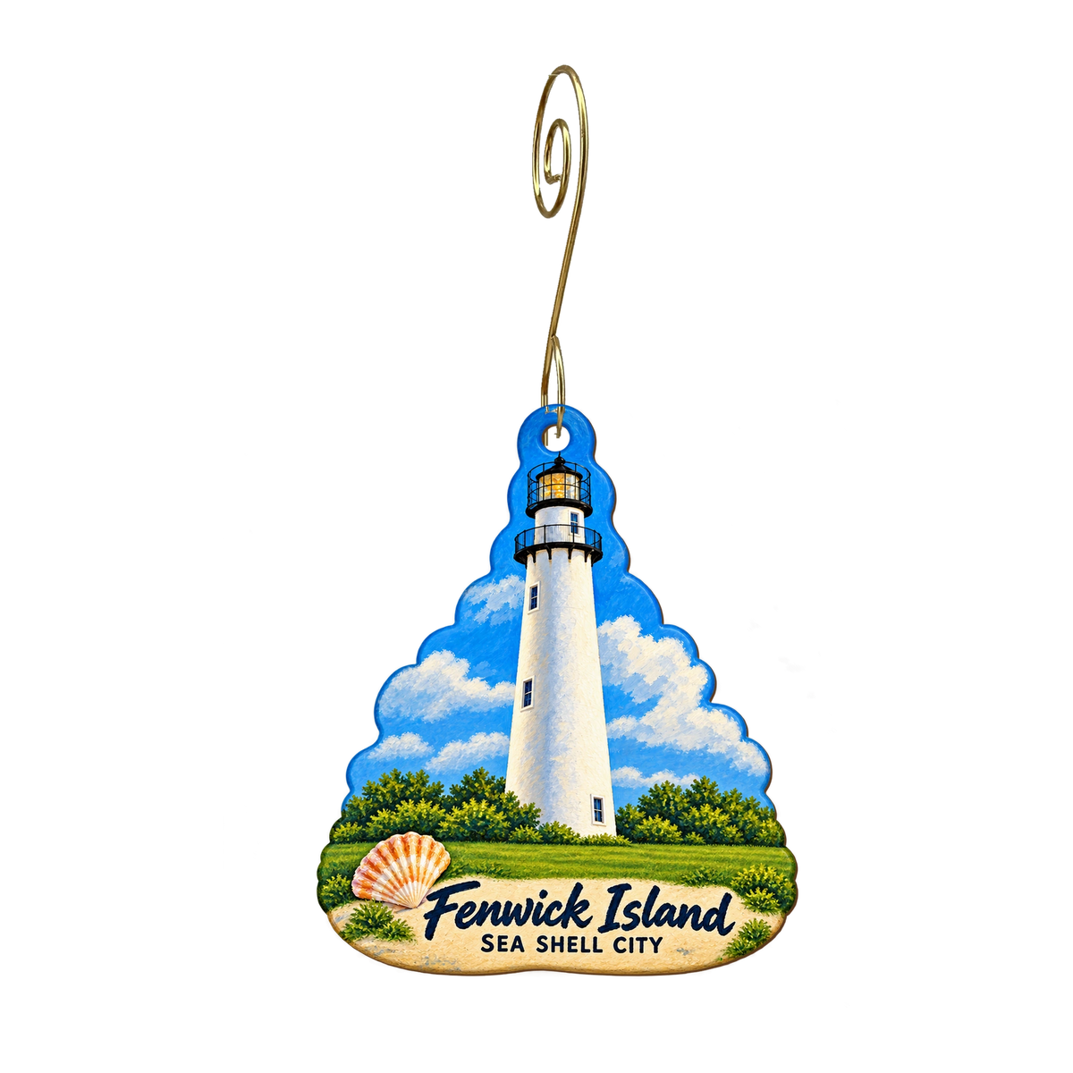 Sea Shell City — Local inspiration custom wood ornament OC2113, photographic gold spiral hook