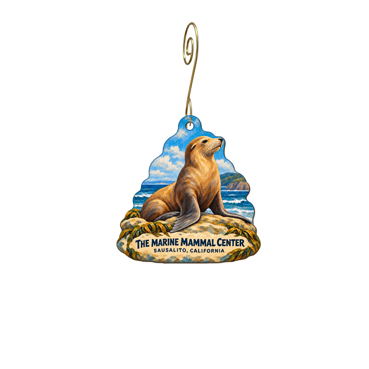 The Marine Mammal Center Gift Store — Store identity custom wood ornament OC2114, photographic gold spiral hook
