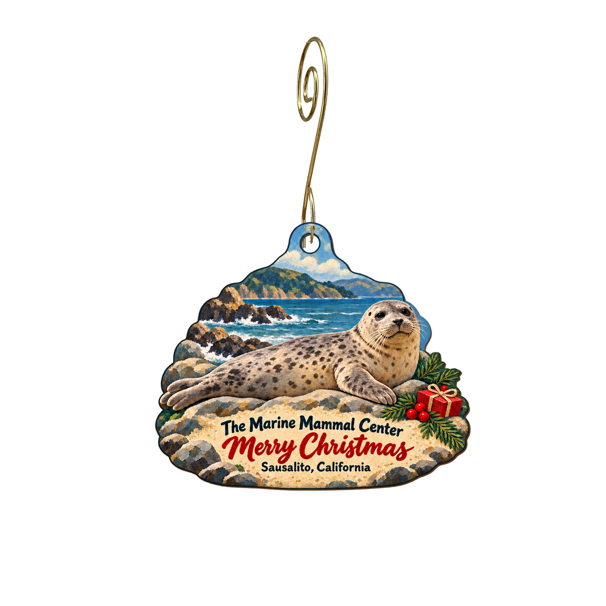The Marine Mammal Center Gift Store — Christmas custom wood ornament OC2115, photographic gold spiral hook