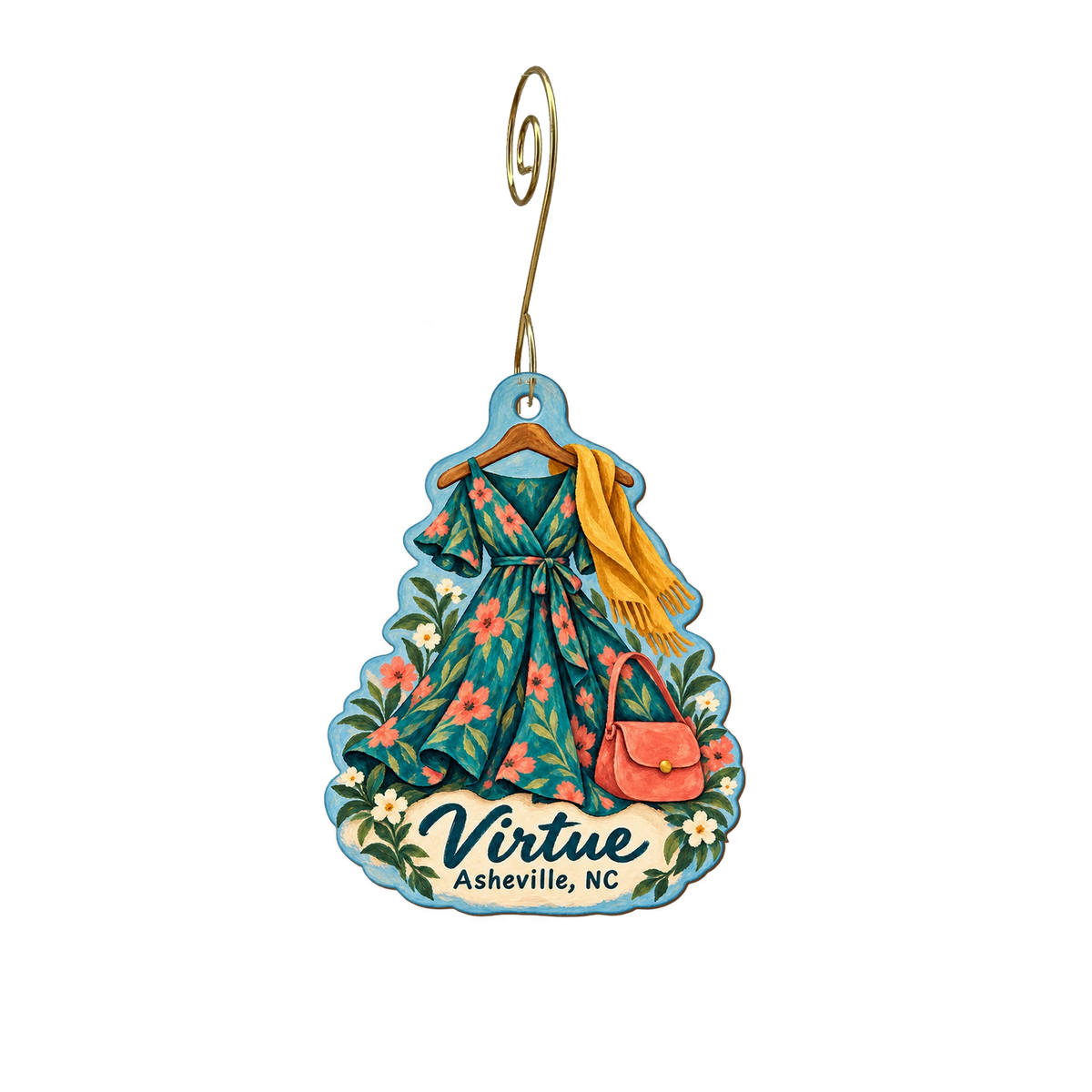 Virtue — Store identity custom wood ornament OC2117, photographic gold spiral hook