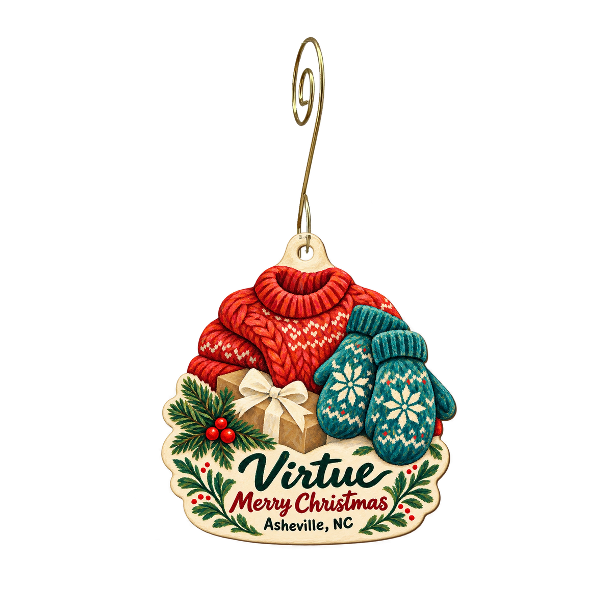Virtue — Christmas custom wood ornament OC2118, photographic gold spiral hook
