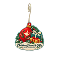 Christmas Dreams & Gifts — Store identity custom wood ornament OC2120, photographic gold spiral hook