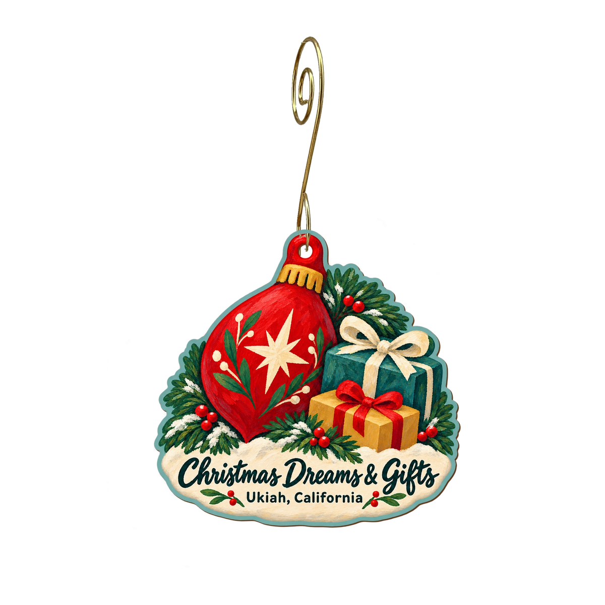 Christmas Dreams & Gifts — Store identity custom wood ornament OC2120, photographic gold spiral hook