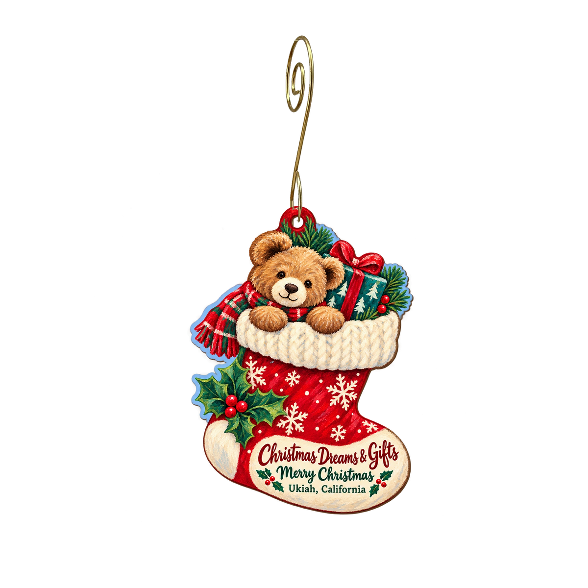 Christmas Dreams & Gifts — Christmas custom wood ornament OC2121, photographic gold spiral hook
