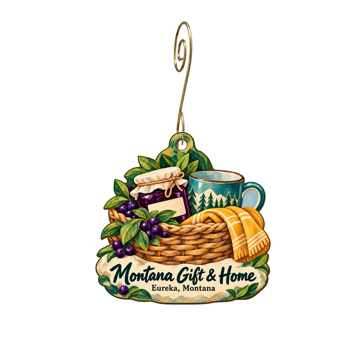 Montana Gift & Home — Store identity custom wood ornament OC2123, photographic gold spiral hook