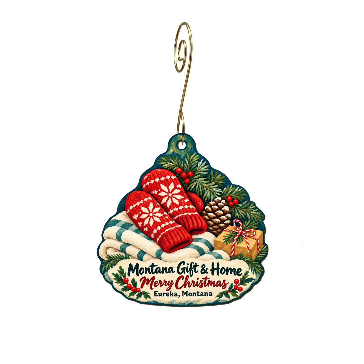Montana Gift & Home — Christmas custom wood ornament OC2124, photographic gold spiral hook