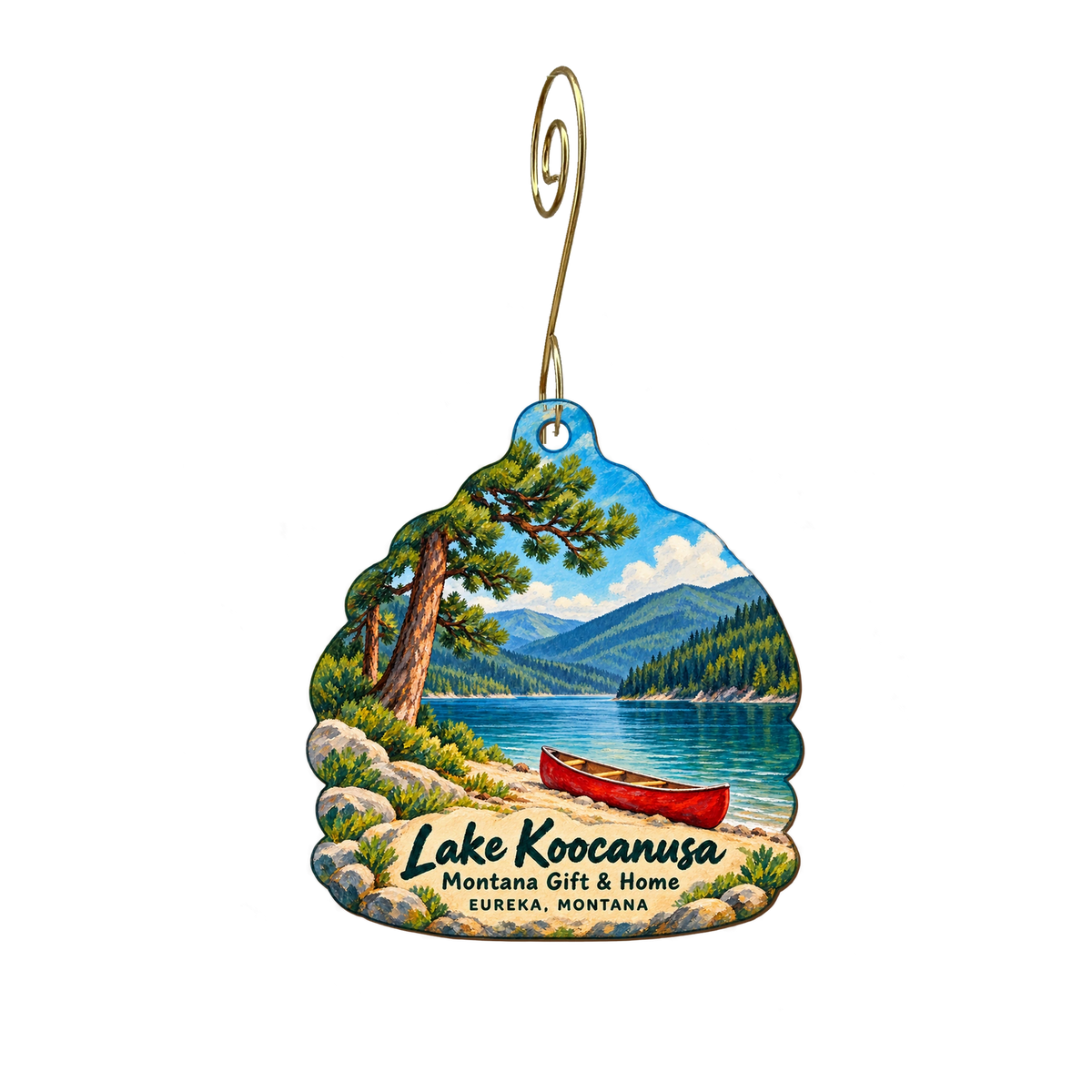Montana Gift & Home — Local inspiration custom wood ornament OC2125, photographic gold spiral hook