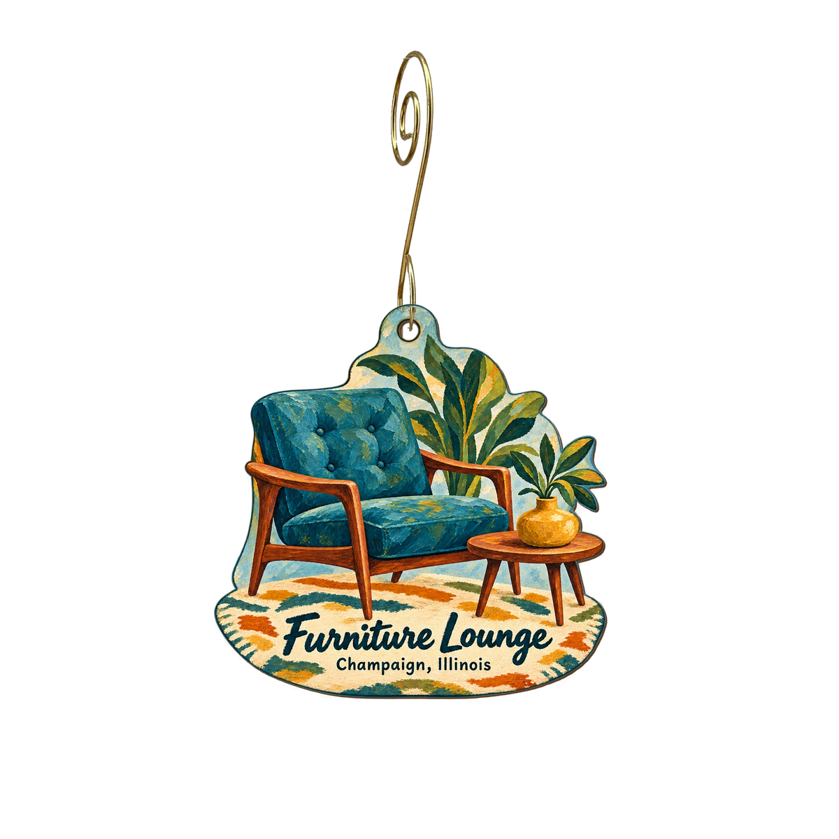Furniture Lounge — Store identity custom wood ornament OC2126, photographic gold spiral hook