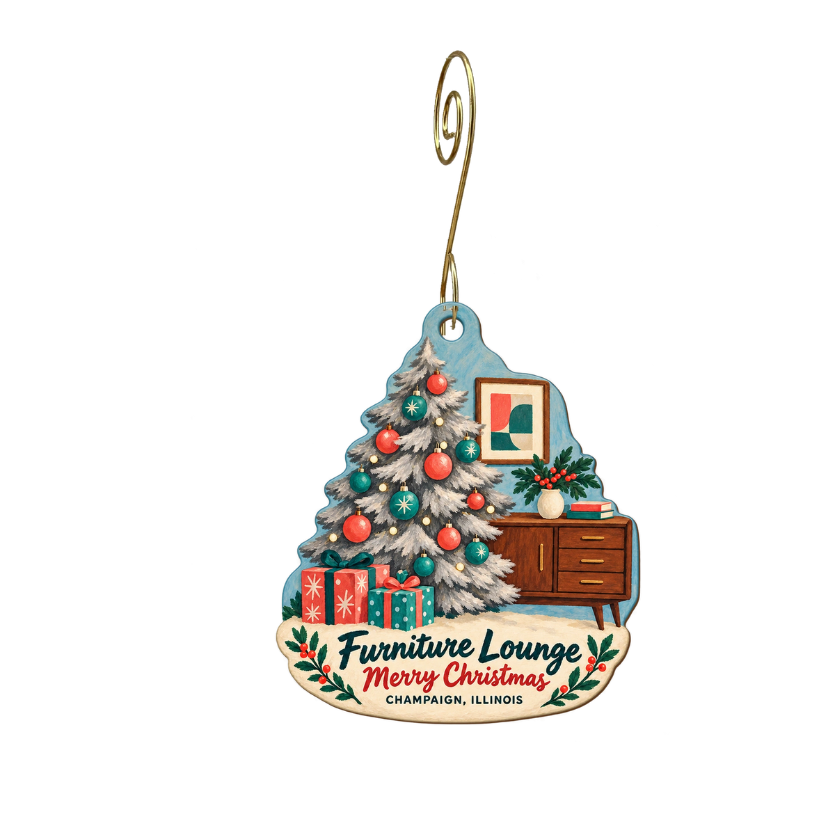 Furniture Lounge — Christmas custom wood ornament OC2127, photographic gold spiral hook