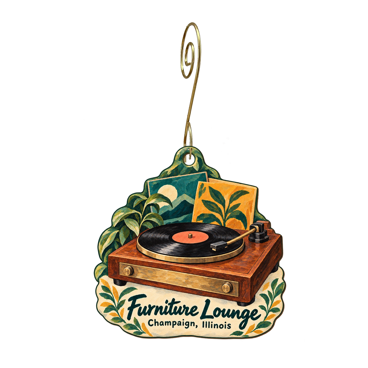 Furniture Lounge — Local inspiration custom wood ornament OC2128, photographic gold spiral hook