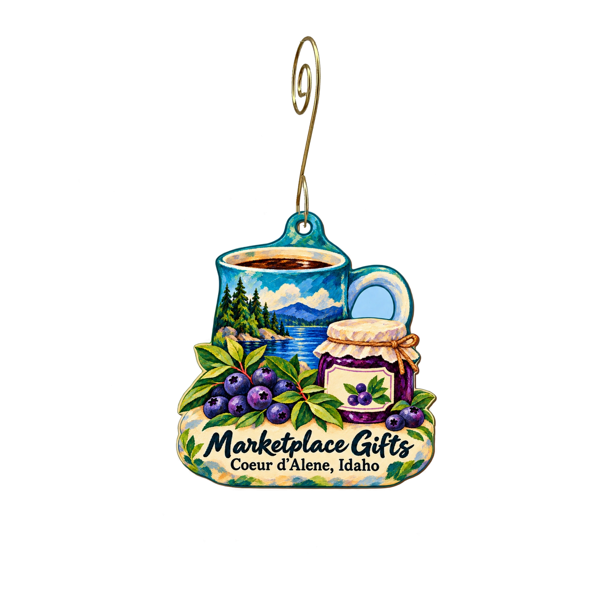 Marketplace Gifts #6 — Store identity custom wood ornament OC2129, photographic gold spiral hook