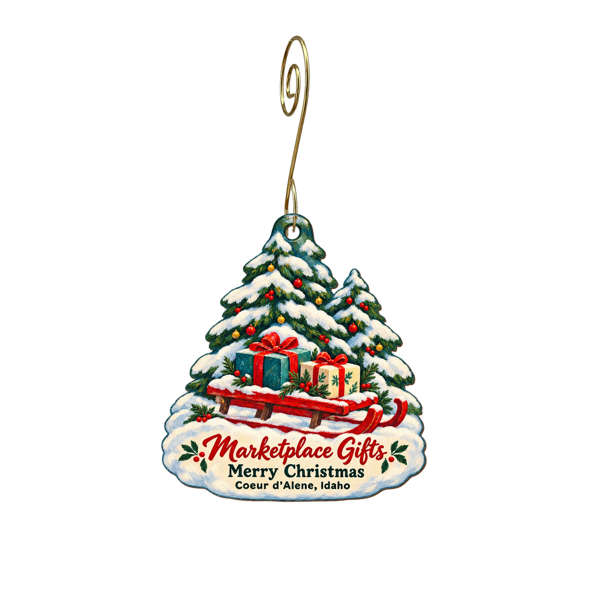 Marketplace Gifts #6 — Christmas custom wood ornament OC2130, photographic gold spiral hook