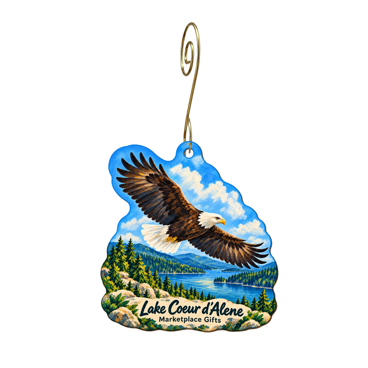 Marketplace Gifts #6 — Local inspiration custom wood ornament OC2131, photographic gold spiral hook