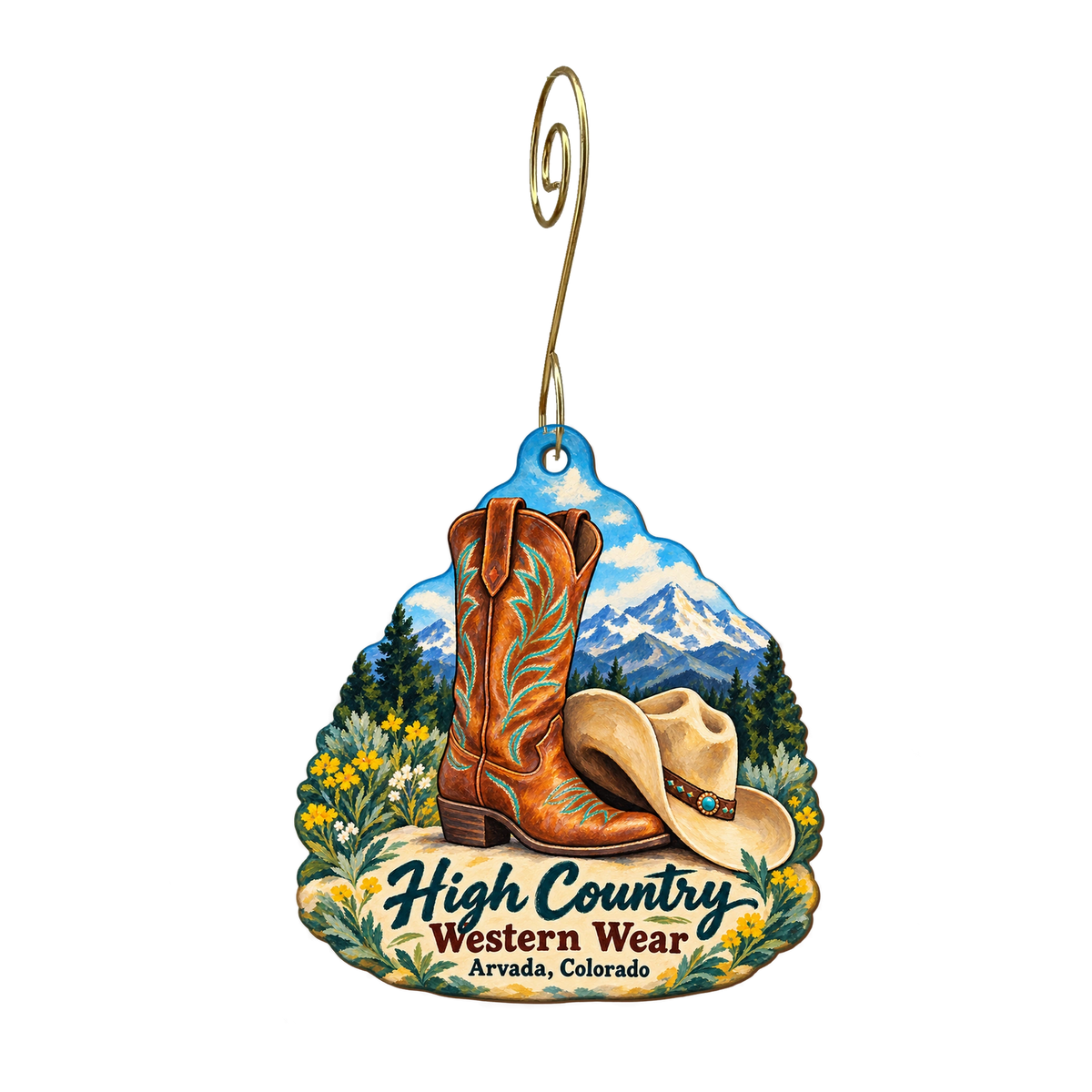 High Country Western Wear — Store identity custom wood ornament OC2132, photographic gold spiral hook