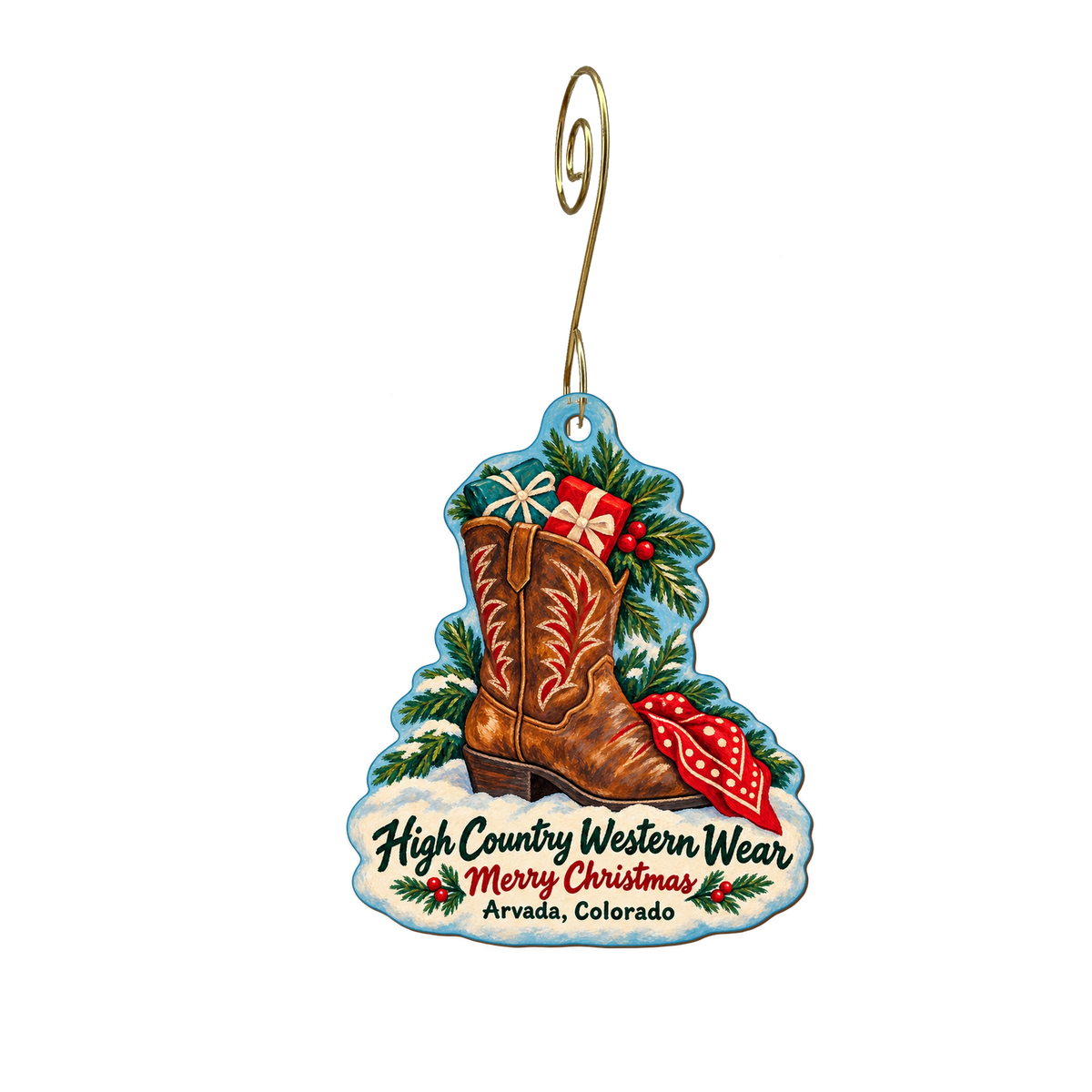 High Country Western Wear — Christmas custom wood ornament OC2133, photographic gold spiral hook