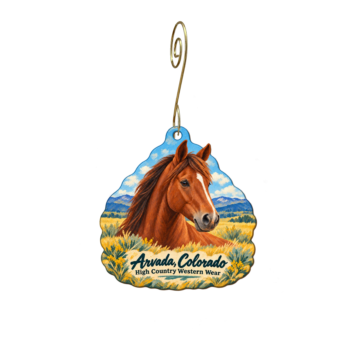 High Country Western Wear — Local inspiration custom wood ornament OC2134, photographic gold spiral hook