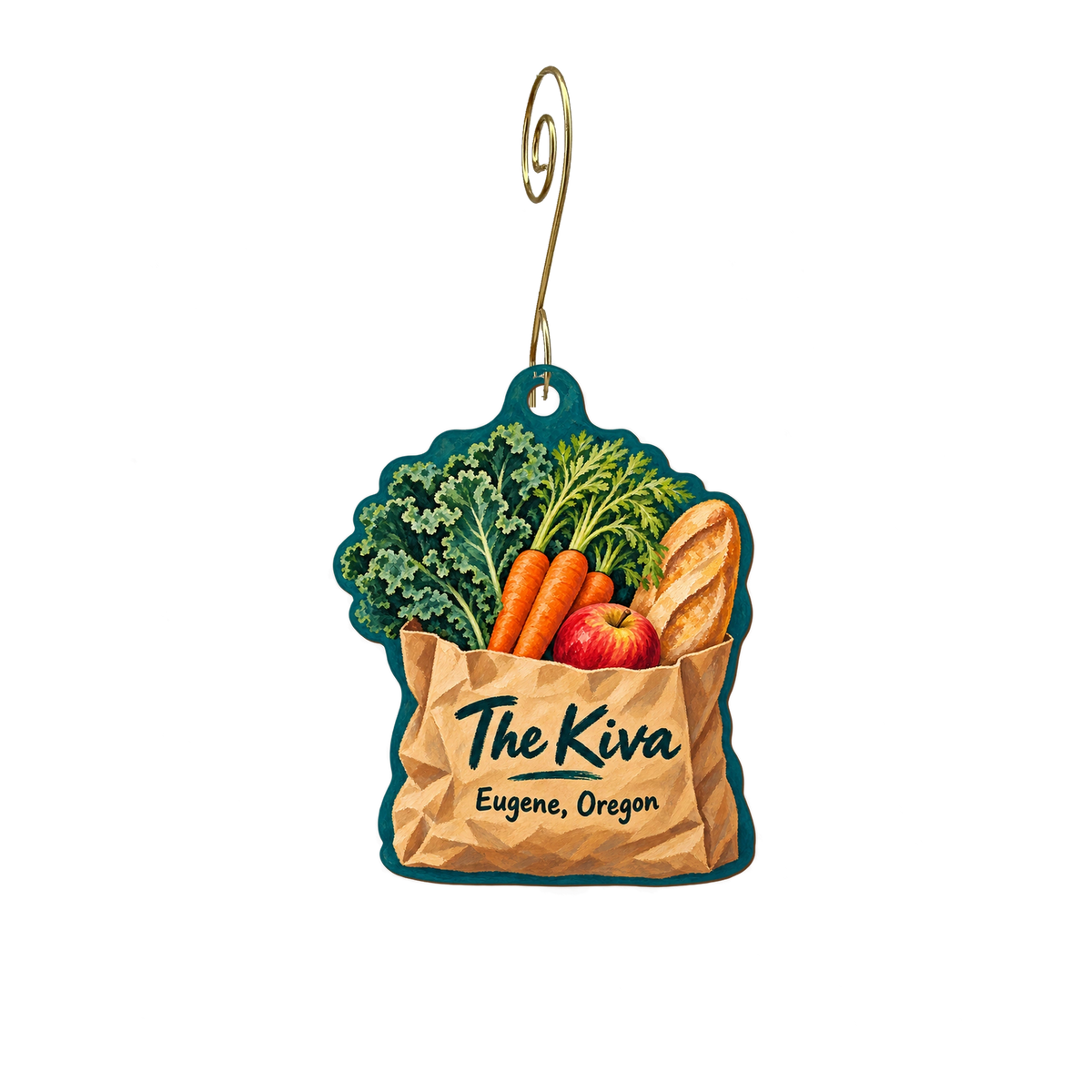 Kiva Grocery Store — Store identity custom wood ornament OC2135, photographic gold spiral hook