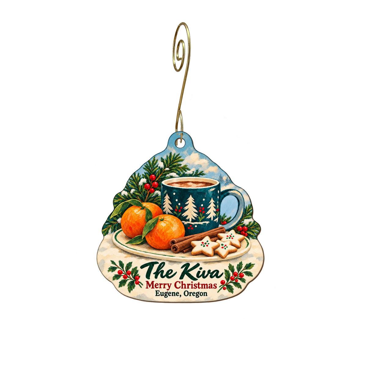 Kiva Grocery Store — Christmas custom wood ornament OC2136, photographic gold spiral hook