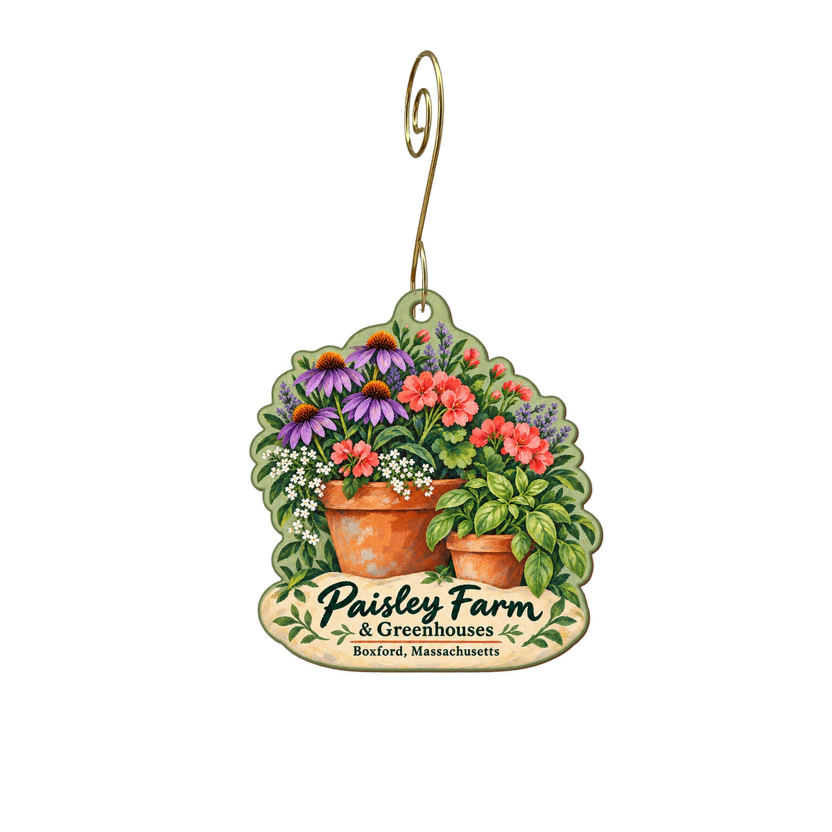 Paisley Farm and Greenhouses — Store identity custom wood ornament OC2138, photographic gold spiral hook