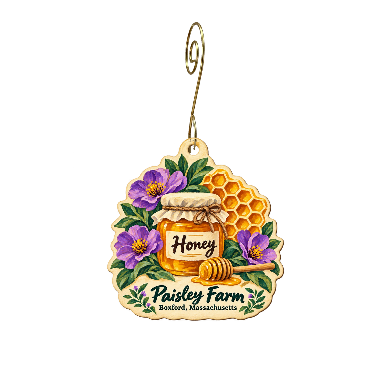 Paisley Farm and Greenhouses — Local inspiration custom wood ornament OC2140, photographic gold spiral hook