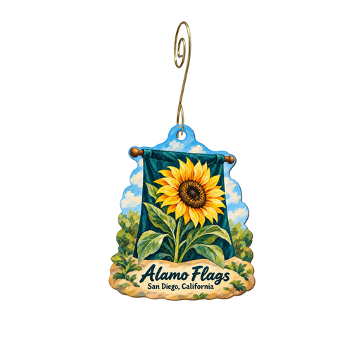 Alamo Flags — Store identity custom wood ornament OC2141, photographic gold spiral hook