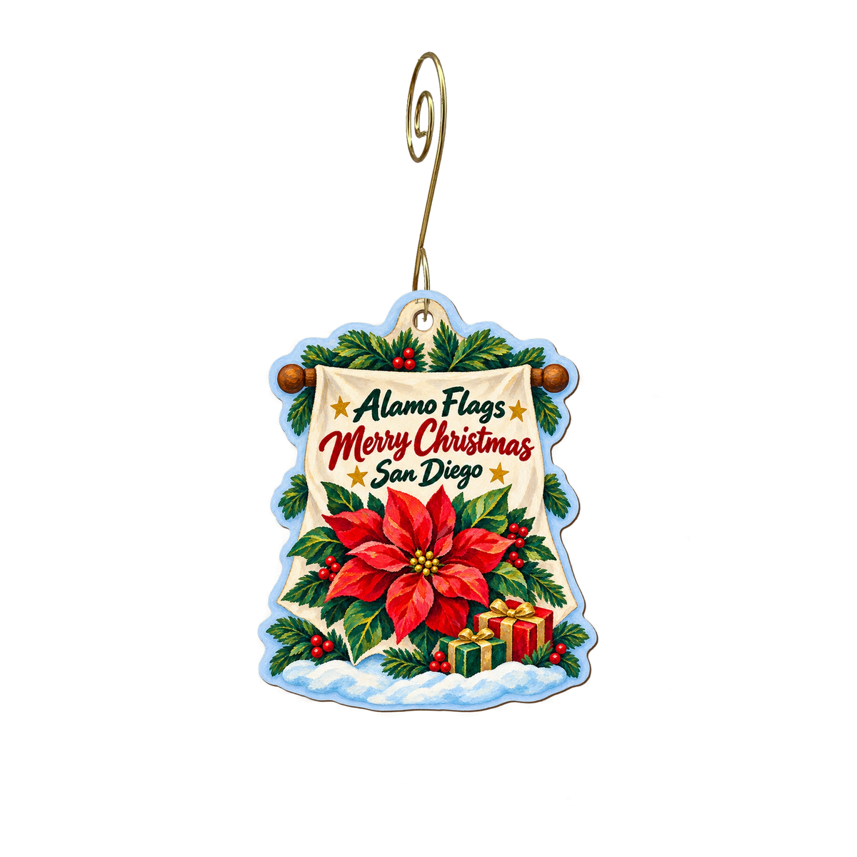 Alamo Flags — Christmas custom wood ornament OC2142, photographic gold spiral hook
