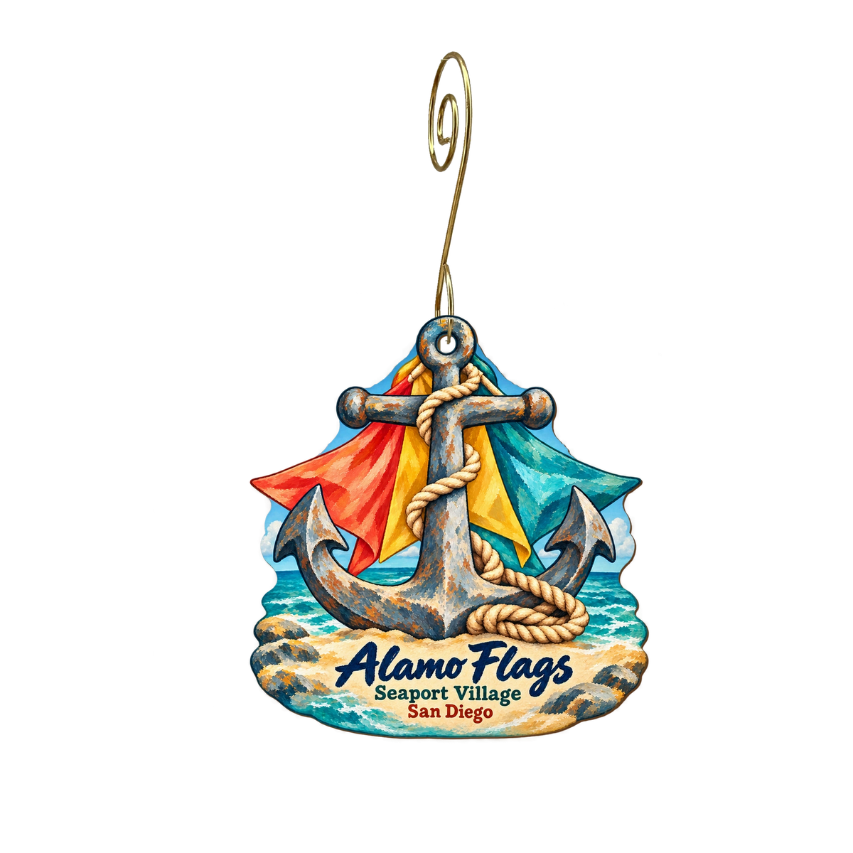 Alamo Flags — Local inspiration custom wood ornament OC2143, photographic gold spiral hook
