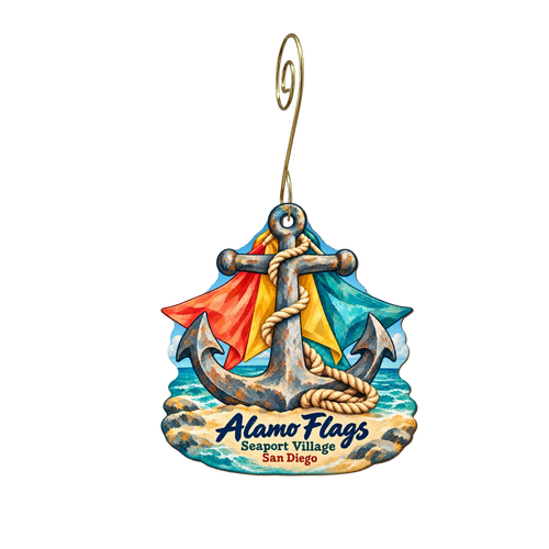 Alamo Flags — Local inspiration custom wood ornament OC2143, photographic gold spiral hook