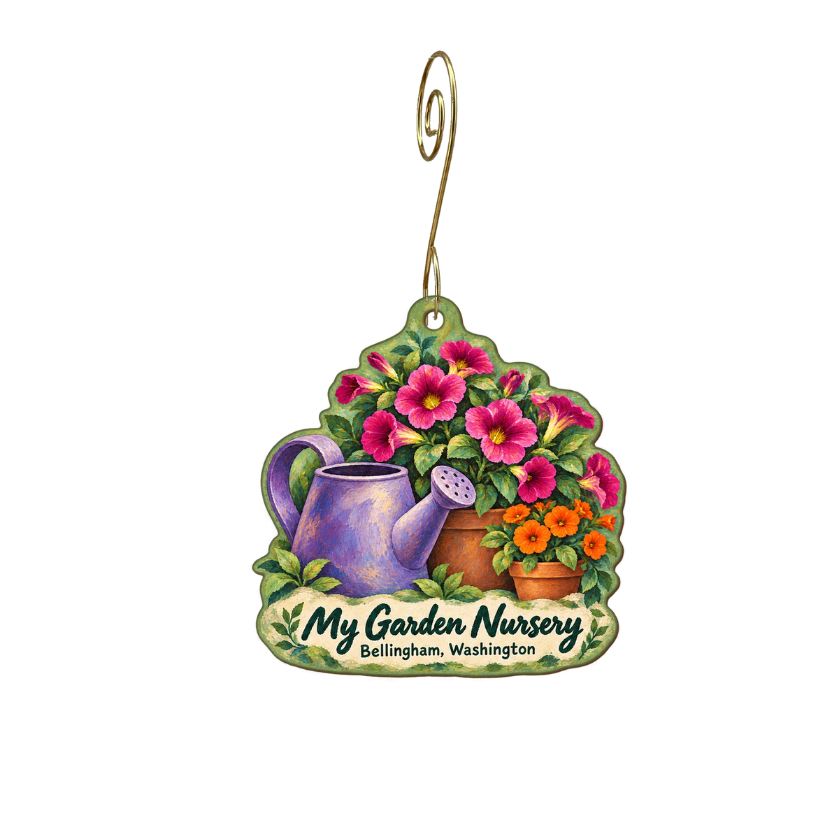 My Garden Nursery — Store identity custom wood ornament OC2144, photographic gold spiral hook