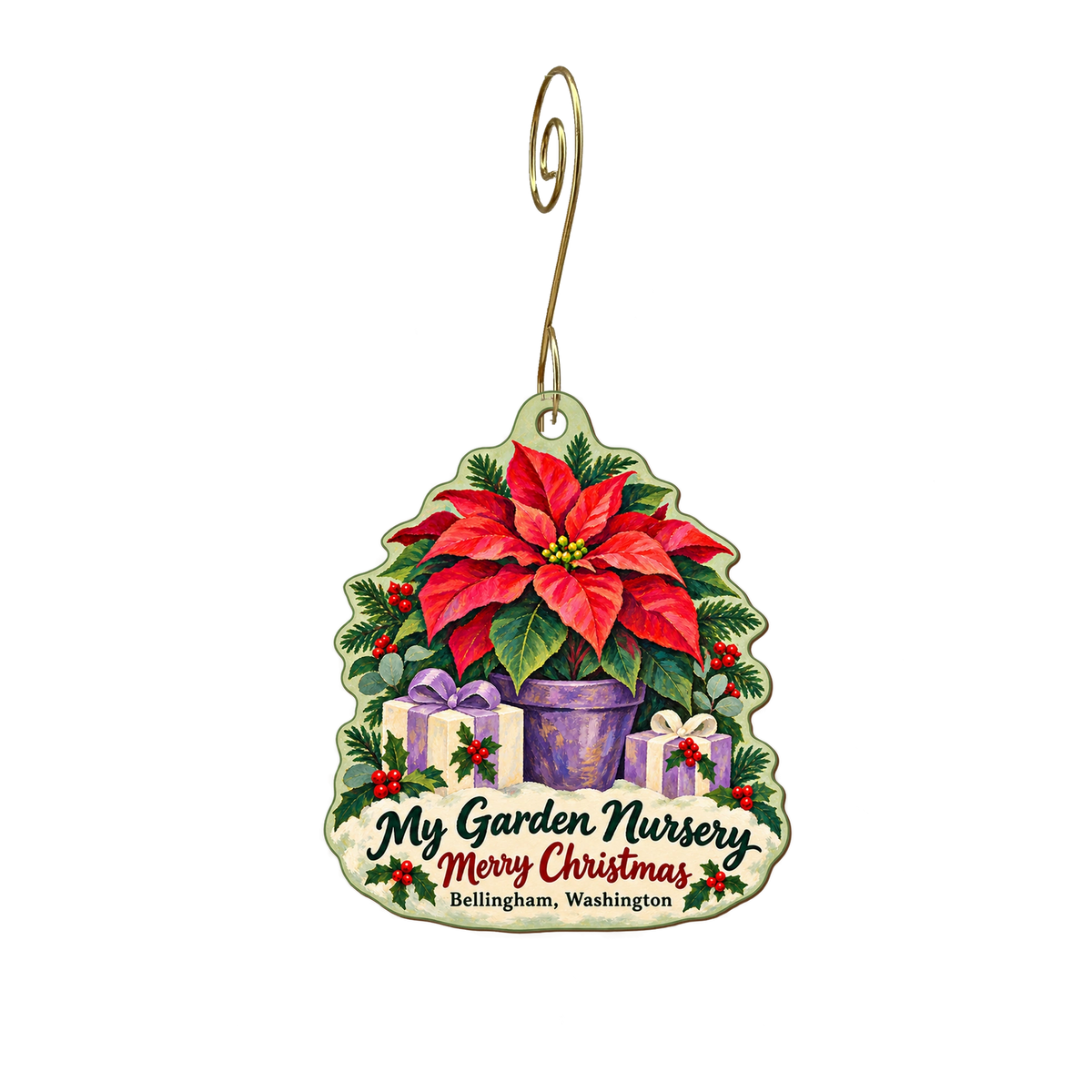 My Garden Nursery — Christmas custom wood ornament OC2145, photographic gold spiral hook