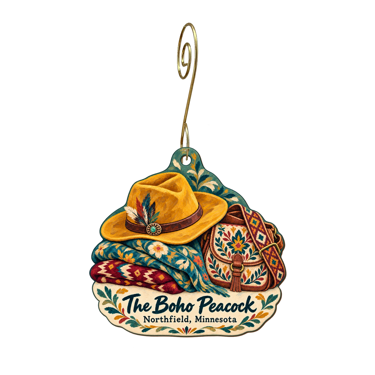 The Boho Peacock — Store identity custom wood ornament OC2147, photographic gold spiral hook