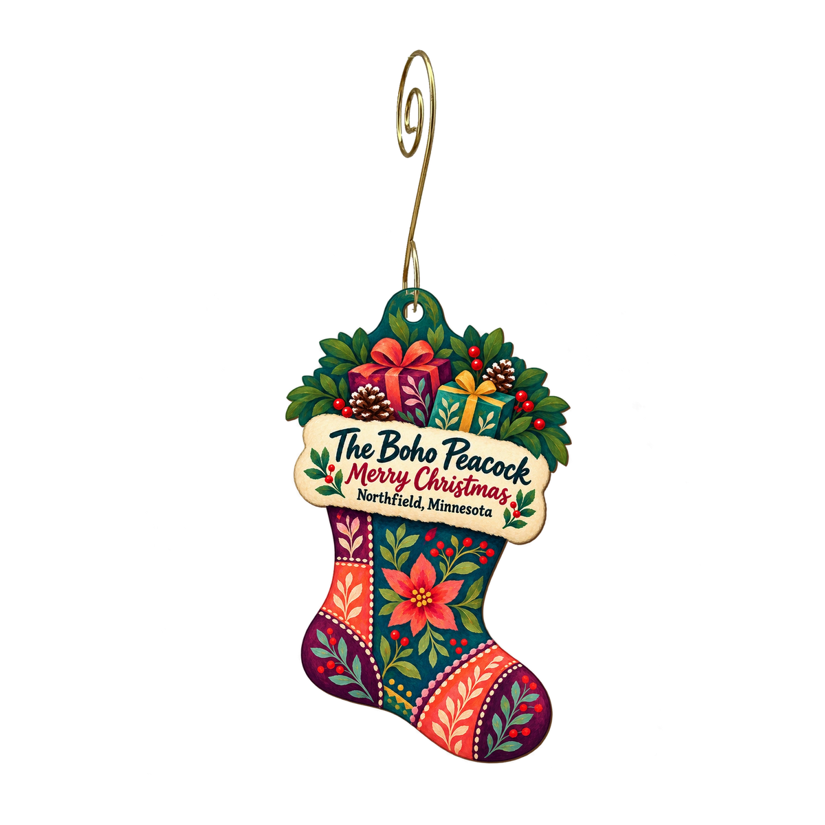 The Boho Peacock — Christmas custom wood ornament OC2148, photographic gold spiral hook