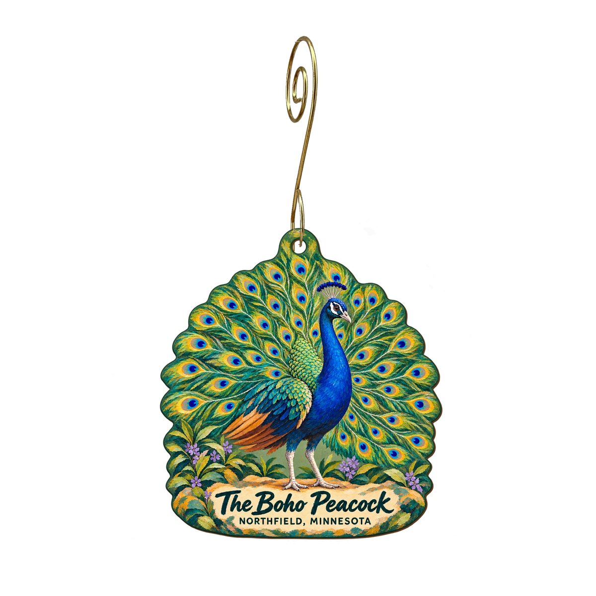 The Boho Peacock — Local inspiration custom wood ornament OC2149, photographic gold spiral hook