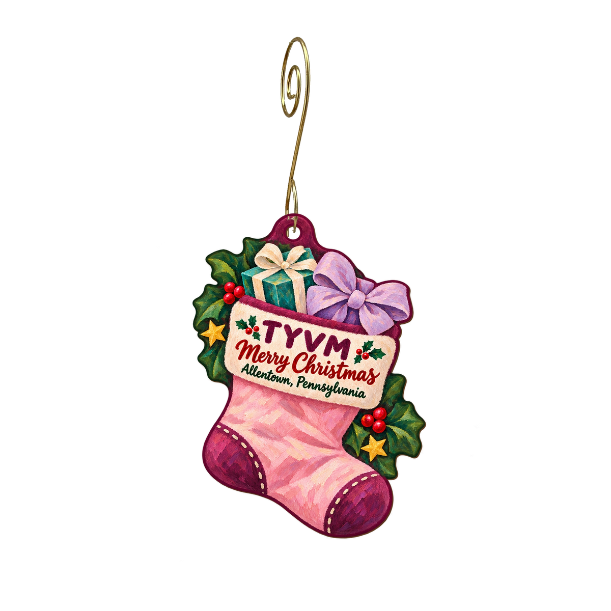 Thank You Very Much, LLC - TYVM — Christmas custom wood ornament OC2154, photographic gold spiral hook