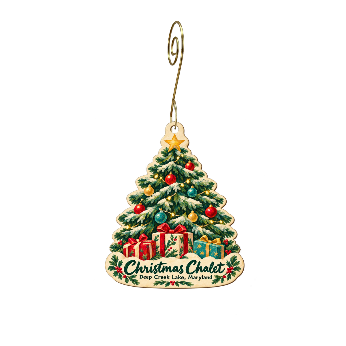 Christmas Chalet — Store identity custom wood ornament OC2156, photographic gold spiral hook