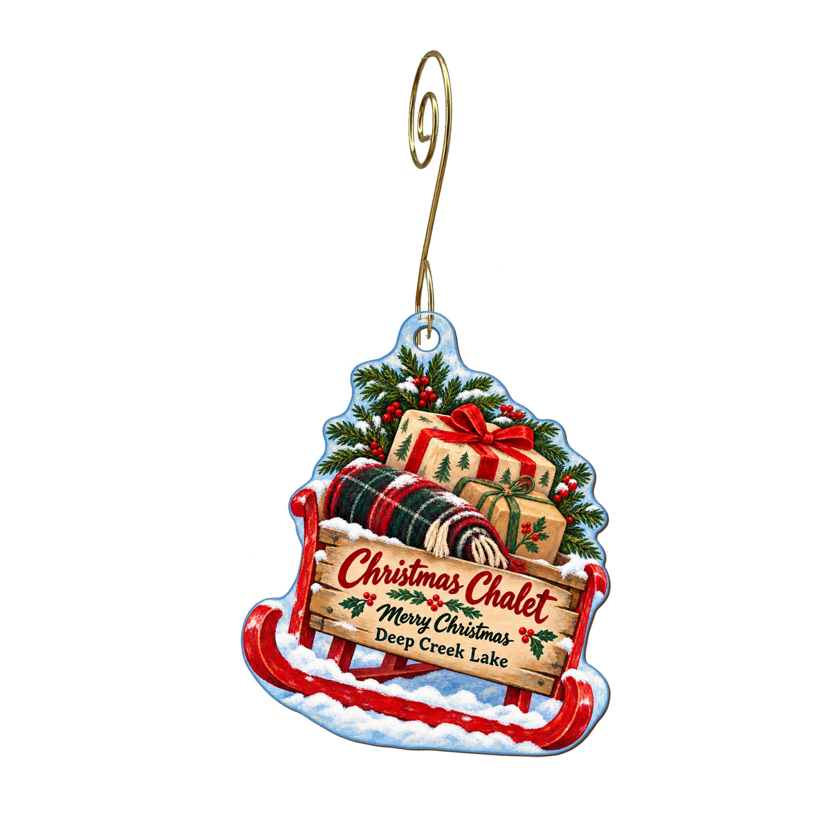 Christmas Chalet — Christmas custom wood ornament OC2157, photographic gold spiral hook
