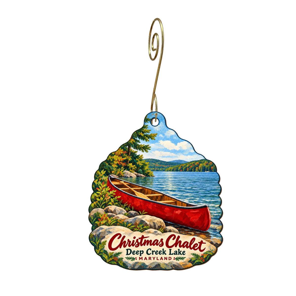 Christmas Chalet — Local inspiration custom wood ornament OC2158, photographic gold spiral hook