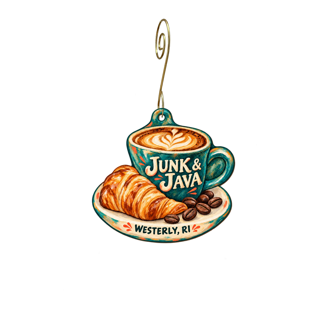 Junk & Java — Store identity custom wood ornament OC2159, photographic gold spiral hook